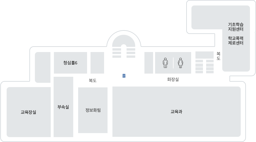 청사안내:2층 / 홀을 기준으로 시계반대방향으로 청심홀6, 복도, 교육장실, 부속실, 정보화팀, 교육과, 기초학습지원센터, 학교폭력제로센터, 복도, 계단, 남녀 화장실이 위치해 있습니다.